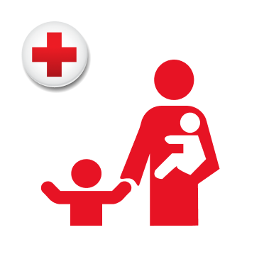 icon of caregiver holding baby in their arms and holding the hand of a kid