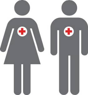 Male and female with red cross logos icon.